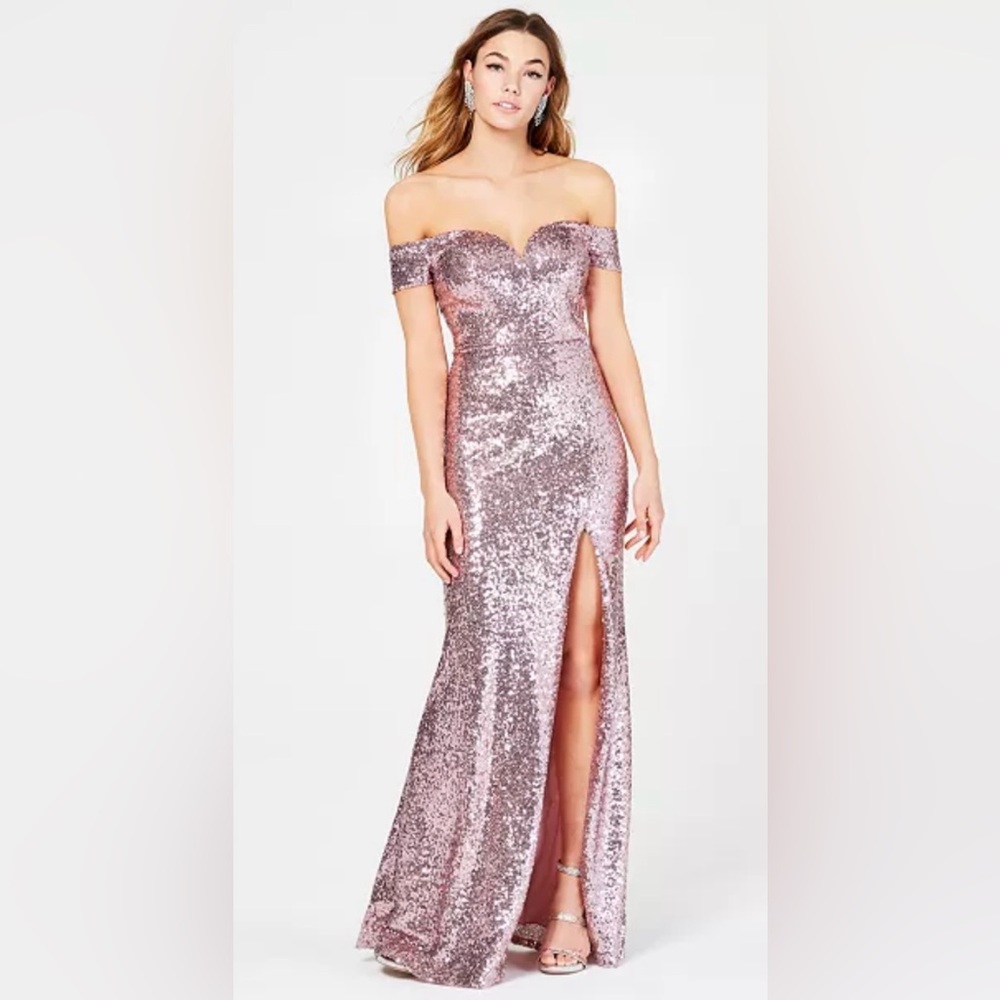 Darling Vintage Pink Off-the-Shoulder Sequin Gown with Front Slit
